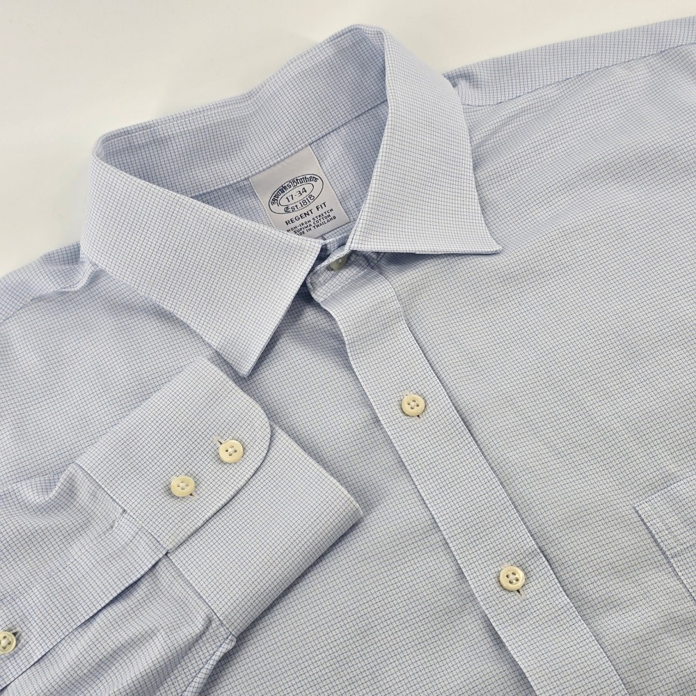 Brooks Brothers Dress Shirt Mens 17-34 Blue Regent Fit Non-Iron Supima Cotton